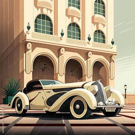 Art Deco Vehicles, Gatsby Artwork, Gatsby Car, 1920s Art Deco Posters, Art Deco Landscape, Art Deco Facade, Art Deco City, Art Deco Drawing, Art Deco Pictures