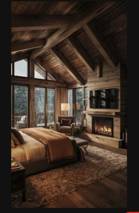 Cozy Cabin Room Aesthetic, Alaskan House Interior, Cozy Wooden Cabin, Rustic Cabin Ceiling Ideas, Rustic Bedroom With Fireplace, Cozy Cottage Home Aesthetic, Cozy Cabin Bedroom Aesthetic, Colorado Cabin Aesthetic, Cabin Master Bedrooms Cozy