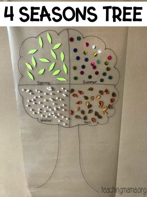 Four Seasons Tree Activity Seasons Kindergarten, Four Seasons Tree, Four Seasons Art, Tree Activity, Seasons Preschool, Teaching Patterns, Seasons Lessons, Tree Study, Seasons Activities