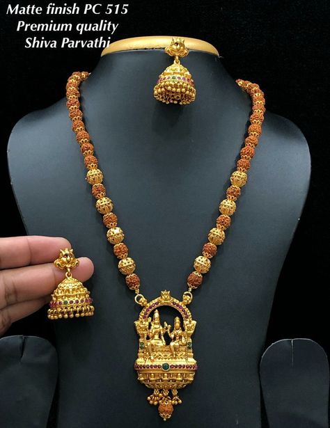 Rudraksha Jewelry For Women, Necklace With Red Stone, Lord Shiva Parvati, Rudraksha Jewelry, Long Haram, Locket Design, Shiva Parvati, Indian Necklace, South Indian Jewellery