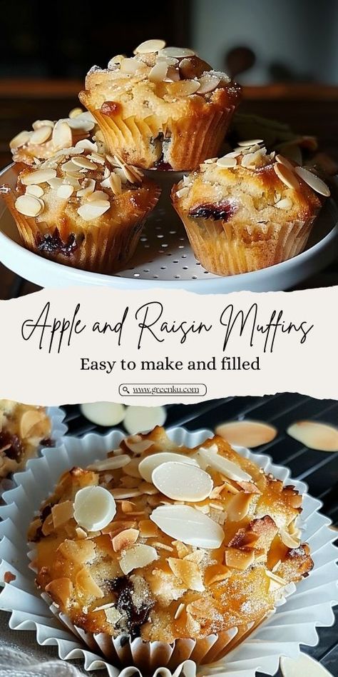 Apple and Raisin Muffins with Almond Topping Ingredients: 1 egg 70g of sugar 8g of vanilla sugar pinch of salt 70ml vegetable oil 80ml Milk 150g of flour 7g of baking powder 1 apple raisins sliced ​​almonds teaspoon of sugar + a little cinnamon #Muffins #Apple Cinnamon Raisin Muffins, Italian Lemon Cake, Muffins Apple, Raisin Muffins, Snack Easy, Almond Muffins, Cozy Breakfast, Quick Treats, Cinnamon Muffins