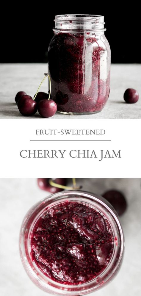 Cherry chia jam sweetened with fruit. Made with only 2 ingredients: cherries and chia seeds. The end result? A naturally sweetened, thick jam with a healthy dose of fiber and healthy fats! | Nourished by Caroline #jam #chiajam #veganrecipes #vegan #cherries #cherryrecipe #easyrecipes #vegetarian #healthyrecipes #chiarecipes Chia Jam Sugar Free, Apple Chia Jam, Cherry Chia Jam, Jam With Chia Seeds, Strawberry Chia Jam, Chia Seed Jam, Chia Jam, Cherry Recipes, Sweet Cherries