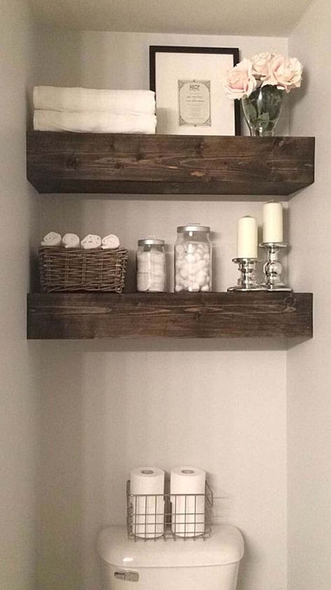 Rustic Wood Beam Bathroom Shelves #farmhousebathroom #bathroom #decorhomeideas Wooden Shelves Bathroom, Float Shelf, Shelves Above Toilet, Farmhouse Bathroom Decor Ideas, Shelves Bathroom, Small Bathroom Organization, Modern Farmhouse Bathroom, Room Shelves, Small Bathroom Storage