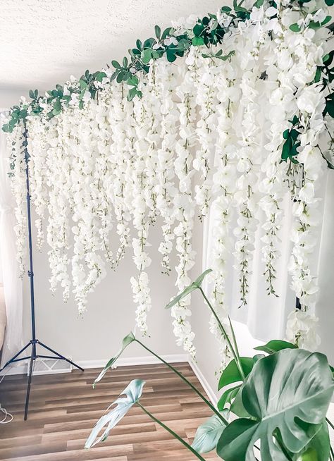 Hanging Wisteria Fairy Light Silk Flower Curtain Photo Backdrop — Wine & Sprinkles Wisteria Photo Backdrop, White Wisteria Wedding, Wisteria Backdrop, Curtain Photo Backdrop, Outdoor Fairy Garden, Hanging Wisteria, Groomsmen Favors, Fairy Lights Photos, Wisteria Wedding