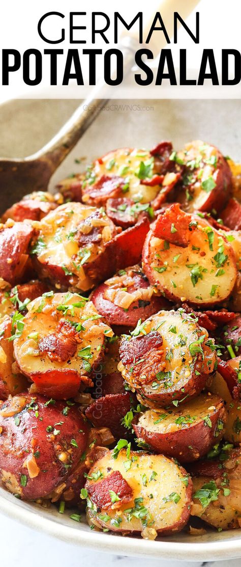 German Potato Salad - Carlsbad Cravings Make Ahead German Potato Salad, Sides For Cookout, Potato Salad No Egg, American Potato Salad, Bacon Vinaigrette, German Potato Salad Recipe, Potato Salad Dressing, Hot Potato, German Potato