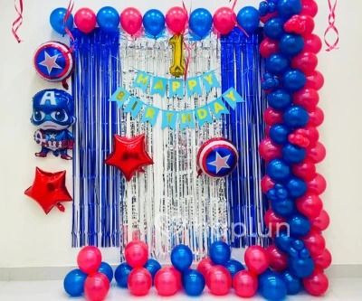 Captain America Theme Decoration for kids birthday party decoration at home, make your kids birthday party more special and amazing with this stunning decoration. affordable price and new design. 1st birthday party decoration at home with wall vackdrop just in your budget. Avengers Theme Birthday Decoration, Captain America Themed Birthday Party, Captain America Party Decorations, Captain America Decorations, Avengers Birthday Decorations, Balloon Decoration For Birthday, Avengers Theme Birthday, Captain America Party, America Theme