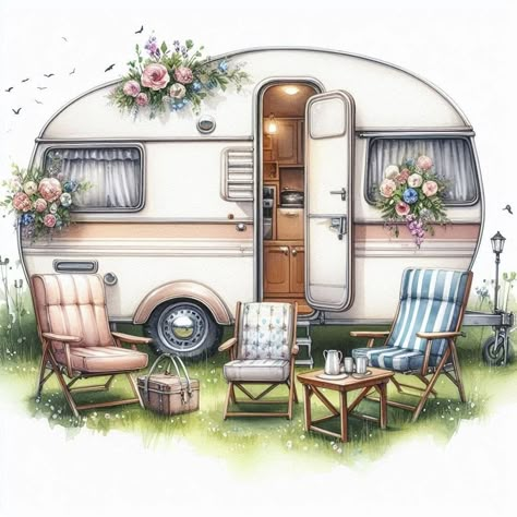 Caravan Art, Cute Camper Drawing, Motorhome Illustration, Caravan Drawing Illustration, Camper Cartoon Images, Campfire Drawing, Caravan Pictures, Mini Caravan, Camping Pics