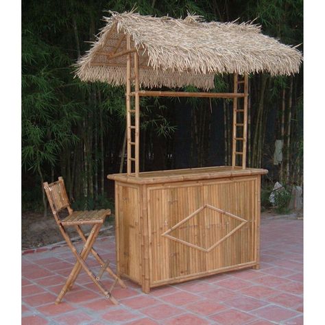 Bamboo54 3 pc. Thatch Roof Tiki Bar with 2 Folding Chairs Outdoor Tiki Bar, Thatch Roof, Bamboo Bar, Bamboo Construction, Hawaii Party, Bar Table Sets, Backyard Bar, Tiki Hut, Tiki Party