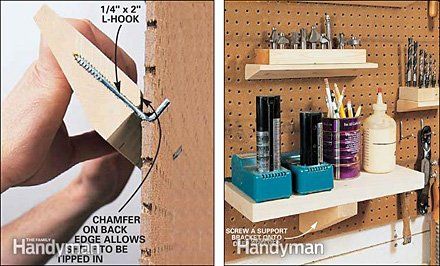 Pegboard Shelving, Pegboard Shelves, Build Wall, Pegboard Craft Room, Woodshop Ideas, Ladder Shelf Diy, Diy Pegboard, Pegboard Garage, Easy Shelves