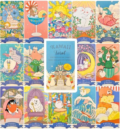 Kawaii Tarot Card Deck Occult Whimsical Cute Unicorn Lover - Etsy South Korea Cute Trading Cards, Tarot Cards The World, Kawaii Tarot, Divination Magic, Vintage Occult, Unique Tarot Decks, Rider Waite Tarot Decks, Puffy Clouds, Rider Waite Tarot