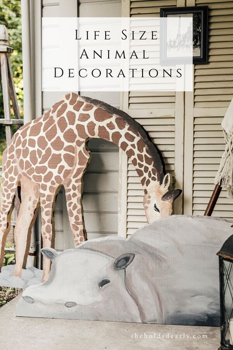 Life Size Animal Decorations by she holds dearly.com Zoo Animal Decorations, Safari Vacation Bible School, Zoo Vbs Decorations, Zoo Party Decorations, Diy Safari Decorations, Zoo Decorations, Noahs Ark Vbs, Noahs Ark Decorations, Jungle Vbs