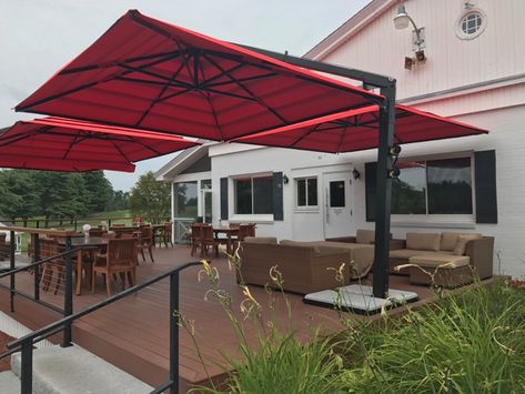 Double offset patio umbrella by The Shade Experts USA Large Deck Umbrella, Giant Umbrella Patio, Large Umbrella For Patio, Big Umbrella Outdoor Patio, Cantilever Umbrella Patio Ideas, Deck Umbrella Ideas, Umbrella Patio Ideas, Patio With Umbrella, Outdoor Umbrella Ideas