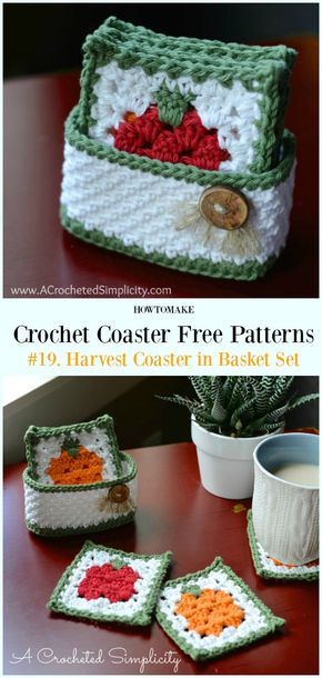 Harvest Coaster in Basket Set Free Crochet Pattern - Easy #Crochet Coaster Free Patterns Crochet Coaster And Holder Free Pattern, Crocheted Coaster Holder, Crochet Coaster Set With Holder Free Pattern, Free Crochet Plant Coaster Patterns, Crochet Patterns Coster, Crocheted Coasters, Easy Knitting Patterns Free, Crochet Coasters Free Pattern, Crochet Coaster