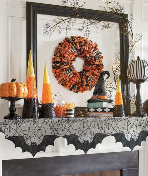 Halloween Mantles, Halloween Lifestyle, Branch Garland, Mantel Scarf, Decorating Halloween, Mantle Ideas, Halloween Mantle, Candy Wreath, Halloween Mantel