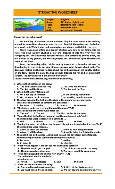 Narrative Text Worksheet, Narrative Text, Fable 2, English Subject, English Club, Reading Comprehension Lessons, English Exercises, Grade 9, English Language Learning