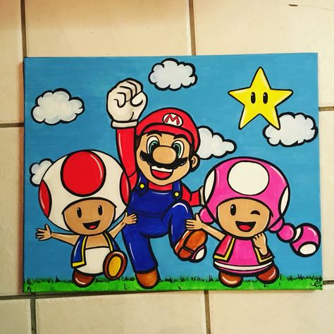 Super Mario Canvas Painting Easy, Mario Brothers Painting, Mario Characters Painting, Packman Painting, Mario Art Painting, Toad Painting Mario, Mario Acrylic Painting, Super Mario Painting Ideas, Mario Kart Painting