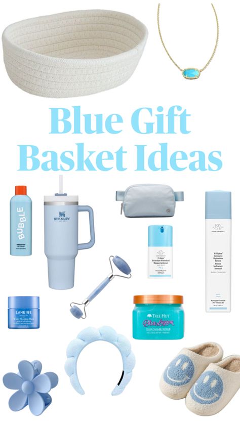 The perfect gift basket for any preppy girl who likes blue Blue Gift Basket Ideas, Blue Gift Basket, Making A Gift Basket, Perfect Gift Basket, Girl Gift Baskets, Best Gift Baskets, Preppy Gifts, Holiday Baskets, Birthday Basket