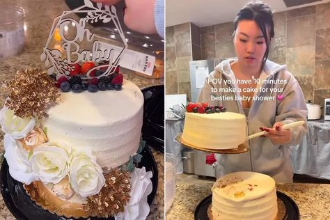 Woman Transforms Store-Bought Cake for Baby Shower in 10 Minutes (Exclusive) Berry Chantilly Cake, Store Bought Cake, Tall Cakes, Elegant Desserts, Beautiful Desserts, How To Decorate, Baby Cake, Shower Cakes, Baby Shower Cakes