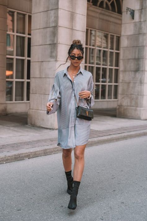 The Shirt Dress Shirt Dress Looks Outfit, Gray Shirt Dress Outfit, Dress Shirt Dress Outfit, Kayla Seah, Oversized Shirt Outfit, Satin Tops, Outfit Upgrade, Spring Outfits Dresses, Shirt Dress Outfit