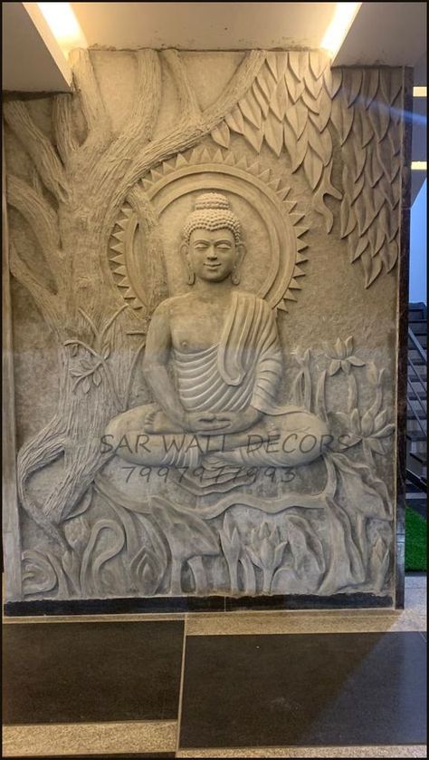 Cement Buddha wall mural Cement Staircase, Staircase Elevation, Mural Art Interior, Buddha Wall Painting, Buddha Statue Garden, India Hyderabad, 3d Wall Art Sculpture, Drywall Art, Parking Area