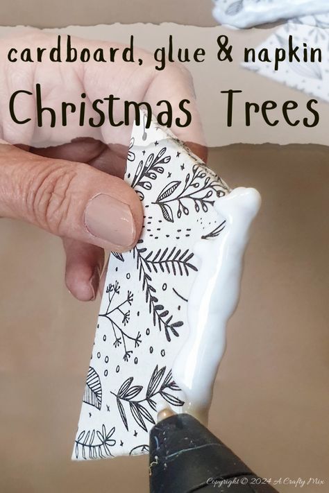 If you enjoy getting creative in the holiday season, you have to give this DIY Cardboard Christmas Tree a try. 🌟🎄Easy to make using cardboard, paper napkins and a glue gun, they'll add a festive touch to your space. The tutorial is filled with tips on how the trees can be customized with inexpensive materials and a full proof way to get a wrinkle free napkin transfer. Diy Cardboard Christmas Tree, Diy Cardboard Christmas, Napkin Transfer, Cardboard Ornaments, Chipboard Crafts, Cardboard Tree, Cardboard Christmas Tree, Cardboard Christmas, Burlap Trees