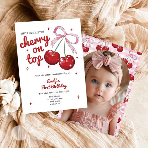 Such a cute invitation for your party. Cherry on Top Theme. ★ Easily PERSONALIZE this design with your details! ★ If you need coordinating MATCHING ITEMS, please check our matching collection or shop. Do you have any questions about our designs or if you can't find what you are looking for, please contact us: info@designmypartystudio.com. ★ Cherry On Top 1st Birthday, Cherry Birthday Party Theme Decoration, Cherry On Top Birthday Party, Pink Girl Birthday, Cute Invitation, Birthday Party Theme Decorations, Cherry On Top, Coquette Bow, Matching Items