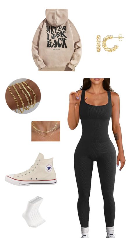 Cute & Trendy Outfit - Black, White, & Beige - Back to School - Great for Going Out As Well - All Links Below - #trending #fashion #style #cute #viral #school #tiktok #instagram -  Links - Bodysuit: https://amzn.to/45pVrEH - Hoodie: https://amzn.to/45x3rUg - Necklaces: https://amzn.to/3YJCpXt - Bracelets: https://amzn.to/3sexfGz - Shoes: https://amzn.to/3OP6DDG - Earrings: https://amzn.to/3OKZdBl - Socks: https://amzn.to/45mdFqw Seamless Jumpsuit, Women Workout, Outfit Black, Trendy Outfit, Trending Fashion, White Beige, Black Bodysuit, Tops For Leggings, Trendy Outfits