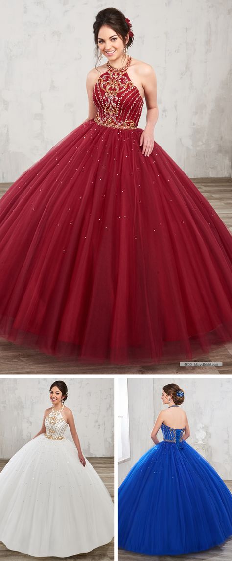 Mary's Quinceanera Style 4800 • Tulle halter quinceanera ball gown with jewel neck line, gold beading detail, natural waist line, back lace-up closure, and matching bolero. Sketches Indian, Burgundy Quinceanera Dresses, 100 Wallpaper, Cheap Quinceanera Dresses, Quinceñera Dresses, 15 Dresses Quinceanera, Woman Aesthetic, Quinceanera Dresses Pink, Pretty Quinceanera Dresses