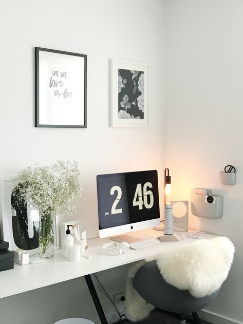 White on white office styling and where to shop the look - Style Curator White Office Desk Decor, Glass Corner Desk, White Office Desk, Style Curator, Office Styling, Office Rooms, Home Office Makeover, Fun Art Print, All White Room