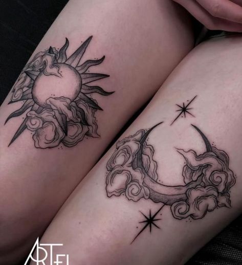 Matching Tattoos Back Of Arm, Sun Moon Lovers Tattoo, Tattoo Ideas Back Of Leg, Color Sun And Moon Tattoo, Witchy Sun And Moon Tattoo, Moon Themed Tattoos, Whimsical Sun Tattoo, Sun And Moon Hip Tattoo, Sun And Moon Knee Tattoo