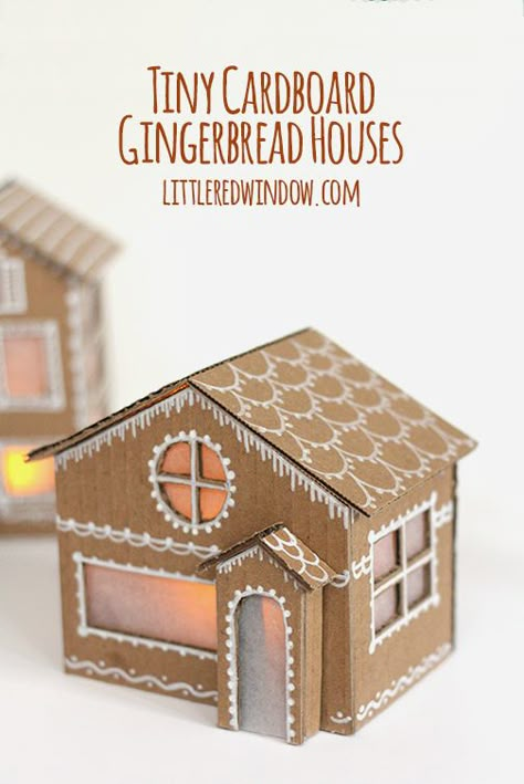 Tiny Cardboard Gingerbread Houses | littleredwindow.com | Make these adorable little Gingerbread Houses out of cardboard, they even light up! Cardboard Gingerbread Houses, Cardboard Gingerbread, Cardboard Gingerbread House, Homemade Fabric Softener, Gingerbread House Template, Buffalo Plaid Christmas Tree, House Template, Card Templates Printable, Glitter Houses