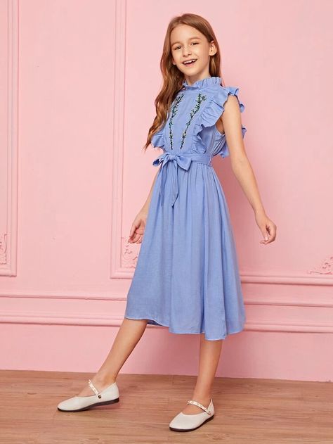 Girls Floral Embroidered Ruffle Trim Belted Dress | SHEIN USA Modest Girls Dresses, Cotton Frocks For Kids, Stand Collar Dress, Kids Frocks Design, Kids Dress Wear, Baby Dress Design, Kids Fashion Dress, Kids Designer Dresses, Kids Frocks