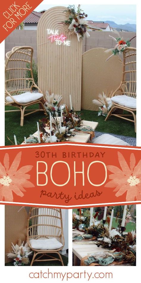 Be blown away by this amazing floral 30th birthday! The floral arrangements are magnificent!See more party ideas and share yours at CatchMyParty.com Boho Glam Party, Boho Party Ideas, Rustic Party Ideas, Birthday Desert, Boho Chic Party, Adult Birthday Party Ideas, Teen Birthday Party, 30th Bday Party, Adult Party Ideas