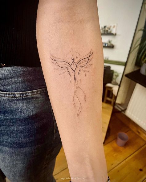 Phoenix With Woman Tattoo, Pheonix Fineline Tattoo, Minimal Phoenix Tattoo Design, Phoenix Tattoo Aesthetic, Phoenix Tattoo Feminine Fine Line, Fine Work Tattoo, Still I Rise Tattoo Phoenix Tat, Phoenix One Line, Phoenix Tattoo Line Art