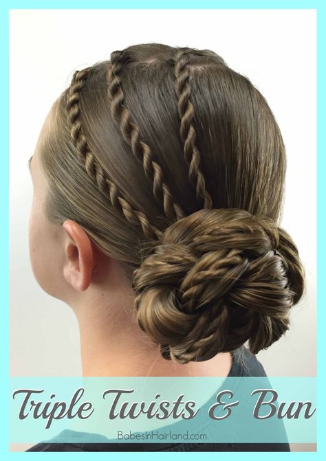 Triple Twists & Bun from BabesInHairland.com #hair #hairstyle #twists #bun Twist Pony, Rope Twist Braids, Bleached Hair Repair, Ballet Hairstyles, Competition Hair, Ballroom Hair, Twist Bun, Easy Hair Updos, Dance Hairstyles