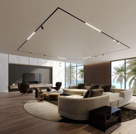 Track Lighting Living Room, Stretch Ceiling, Home Lighting Design, Hall Interior Design, Ceiling Design Modern, Regal Design, Hall Interior, Ceiling Light Design, Living Room Ceiling