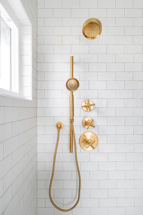 Enchanted Bathroom, Textures Moodboard, River Bathroom, Brushed Brass Shower Fixtures, Kohler Brass Shower Fixtures, Delta Brass Shower Fixtures, Natural Brass Shower Fixture, White Subway Tile Shower Brass Fixtures, Gold Shower Fixtures