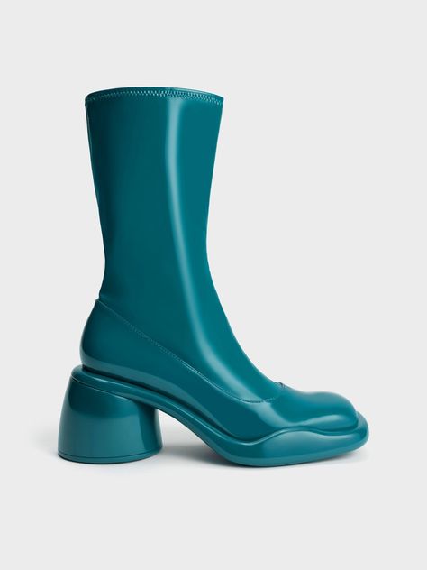 Lula Patent Chunky Heel Calf Boots, Turquoise, hi-res Teal Boots, Turquoise Boots, Trendy Footwear, Turquoise Fashion, Preppy Chic, Chic Aesthetic, Statement Shoe, Faux Leather Heels, Blue Flats