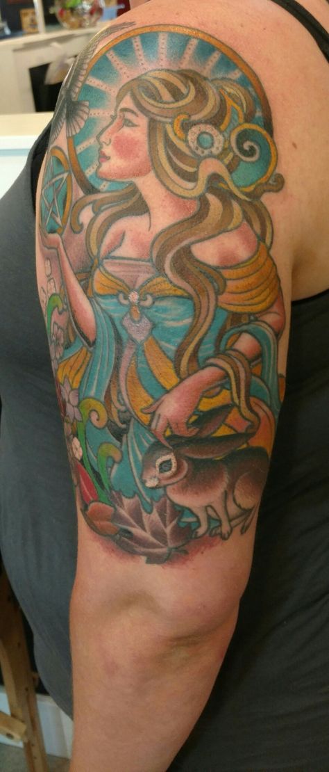 Queen of Pentacles- art nouveau tattoo by Darcy Nutt Ace Of Pentacles Tattoo, Queen Of Pentacles Tattoo, Pentacles Tattoo, Queen Of Pentacles Tarot Tattoo, Queen Of Pentacles Tarot Meaning Love, Queen Of Pentacles Reversed, Two Of Pentacles, Queen Of Pentacles, Art Nouveau Tattoo