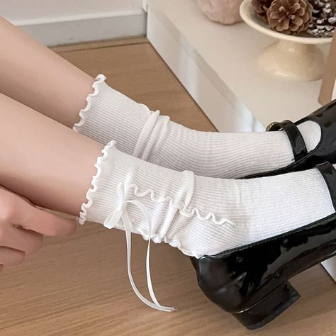 Bow Lettuce Edge Socks / SetSocks Foot Length 22-25 measurement is cm.Product Information Material: 100% Mixed Fiber Color: 1 Pair - Black Lettuce Edge Socks, Dionysus Cabin, Apollo Cabin, Fancy Socks, Socks Aesthetic, Birthday Things, Ruffled Socks, Cottagecore Outfits, Chunky Shoes