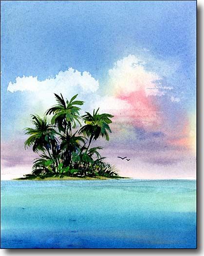 Tropical Island card. Island Watercolor Paintings, Tropical Island Painting, Island Painting Ideas, Island Art Tropical, Tropical Watercolor Paintings, Drawing Island, Watercolor Island, Island Drawing, Island Watercolor