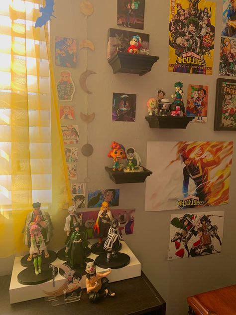 Demon Slayer Room Decor Ideas, Poster Wall Anime, Anime Room Background, Demon Slayer Room, Anime Themed Room, Bookshelf Desk, Room Background, Anime Decor, Anime Room