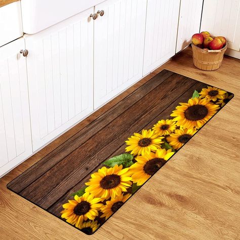 PRICES MAY VARY. ❀SIZE & MATERIAL: The sunflower kitchen decor mat measures 20''x59'', made of High-quality microfiber, environmental-friendly and durable. 0.3" thickness and provides cushioned support to reduce discomfort while standing in the kitchen. ❀NON-SLIP DESIGN: The sunflower rugs for kitchen sink floor mat has non-slip plastic spots backing to prevent people from slipping and tripping, which can be used for multiple surfaces and keeps you and your family safer. ❀EASY TO CARE: The sunfl Bathroom Rug Runner, Sunflowers Decor, Sunflower Rug, Sunflower Kitchen Decor, Rug For Kitchen, Sunflower Kitchen, Office Chair Mat, Patterned Chair, Wooden Pattern