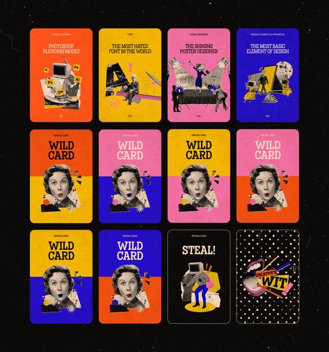 Creative's Wit Card Game on Behance Quiz Card Design, Graphic Design Board Game, Card Game Graphic Design, Card Game Packaging Design, Playing Card Graphic Design, Card Ui, Elements And Principles, Wild Card, Elements Of Design