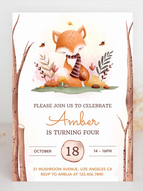 Fox Birthday Invitations, Fall Invites Party, Autumn Birthday Theme, Woodland Birthday Theme, Forest 1st Birthday, 1st Birthday Template, Fox Invitation, Fox Autumn, 1st Birthday Invitation Template