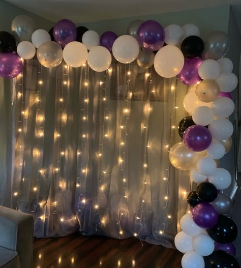 Purple Black White Birthday Decor, Purple Black And White Birthday Party Decorations, White And Purple Decorations Party, Purple White Party Decorations, Black And Purple Sweet 16 Party Ideas, Bachelorette Purple Theme, Purple And White Decorations Birthday, Purple Pink And Black Birthday Party, Purple White Birthday Decor