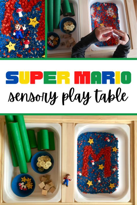 Super Mario Sensory Play Table Super Mario Sensory Bin, Mario Preschool Activities, Mario Sensory Bin, Mario Bros Activities, Super Mario Activities For Kids, Super Mario Movie Night, Mario Activities For Kids, Super Mario Activities, Mario Movie Night