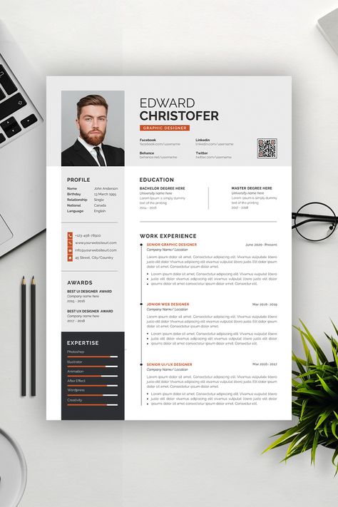 Clean and modern Resume/CV template designed to help you get that great job. All main elements are editable and customizable. You can change images with the smart object. #resume # resumetemplate #cv #resumedesign #Job cleanresume #freebies #minimalresume #professionalresume #resumedesign #psdresume #designerresume Creative Cv Ideas, Career Change Cover Letter, Cv Photo, Cv Layout, Design Cv Template, Donut Shoes, Curriculum Vitae Design, Professional Resume Design, Change Images