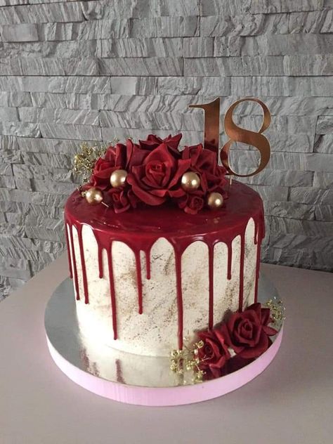 Red Cake Drip, Burgundy And Gold Cake Birthday, Red Velvet 18th Birthday Cake, Edgy Birthday Cake, Cake Designs Red Velvet, Red Velvet Birthday Cake Ideas For Women, Red Cake Ideas Birthdays, Red Velvet Birthday Cake Decoration, Red 18th Birthday Cake