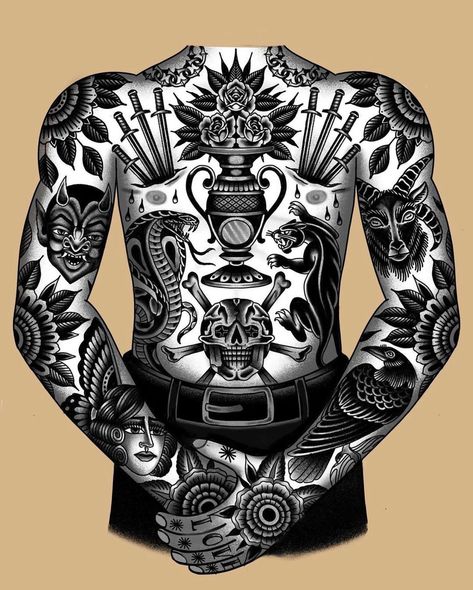 Back Tattoos For Guys Upper, Traditional Back Tattoo, Old School Tattoo Sleeve, Traditional Chest Tattoo, Old School Traditional, Old School Tattoos, Traditional Black Tattoo, Traditional Tattoo Old School, Rose Tattoos For Men